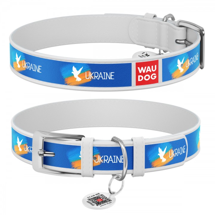 Нашийник шкіряний "WAUDOG" з QR паспортом "Прапор", 15мм/27-36см білий
