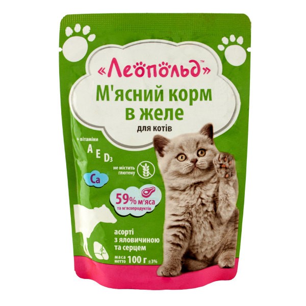 Пауч Леопольд для котів желе яловичина/серце, 100г