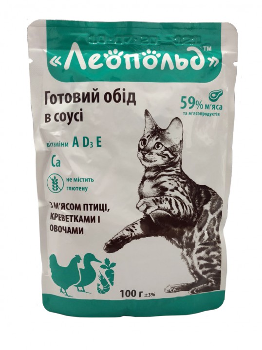 Пауч Леопольд для котів рагу курка/креветки, 100г