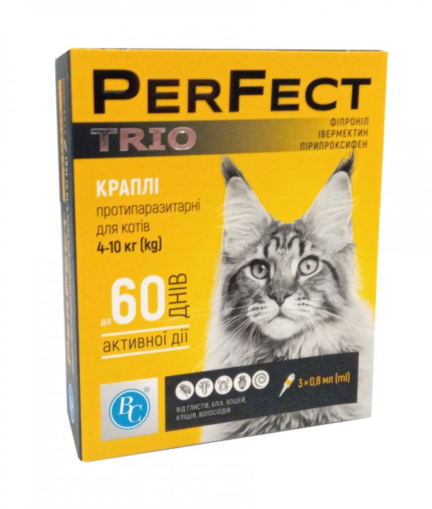 Перфект ТРІО каплі для котів 4-10 кг, 0.8мл/3 апм.