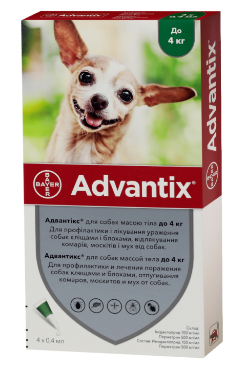 Advantix краплі для собак до 4кг,  (4шт/уп)