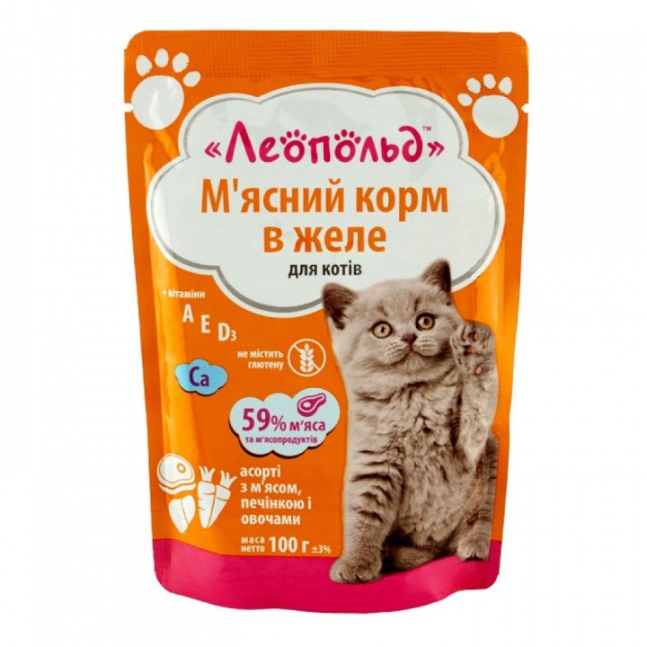 Пауч Леопольд для котів желе м'ясо/печінка/овочі, 100г