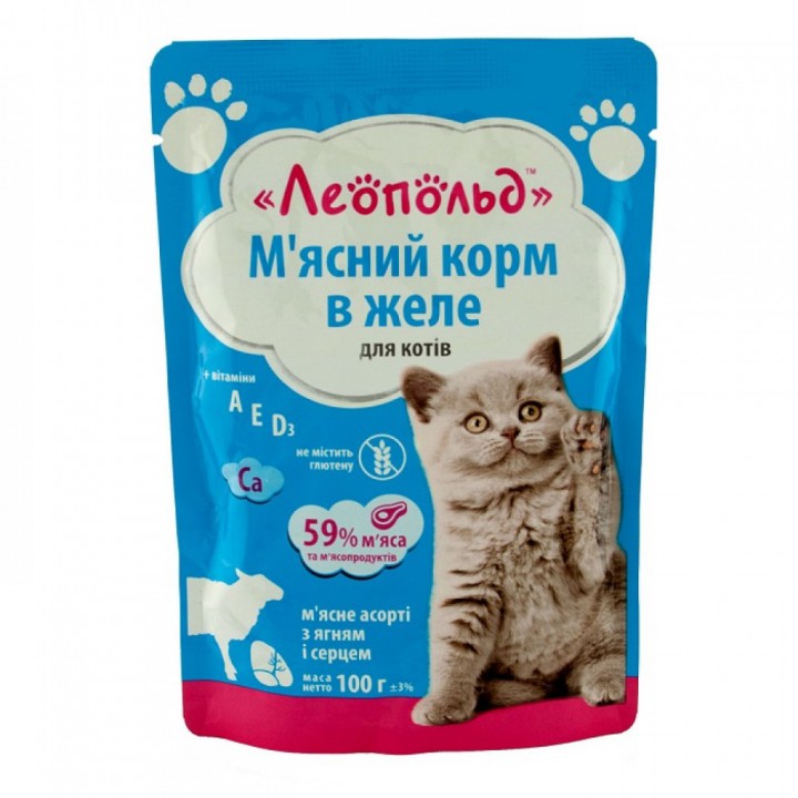 Пауч Леопольд для котів желе ягня/серце, 100г