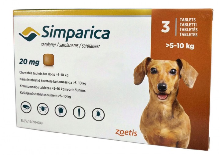Сімпаріка таблетки від бліх і кліщів 20мг, 5-10кг (3т/уп)